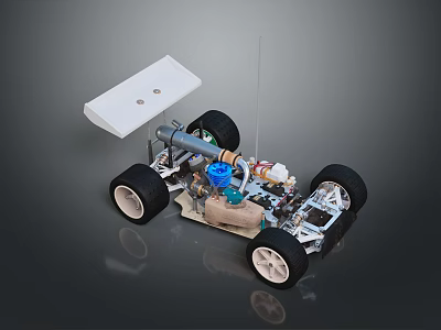 Detailed Model Racing Car Chassis with Suspension System Wheels Rear Spoiler and Mechanical Components 3d model