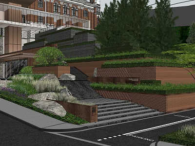 Modern Garden Landscape Design With Terraced Greenery Stone Steps And Architectural Elements 3d model