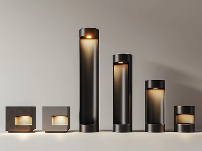 Modern Black Illuminated Outdoor Lights In Various Sizes And Shapes 3d model