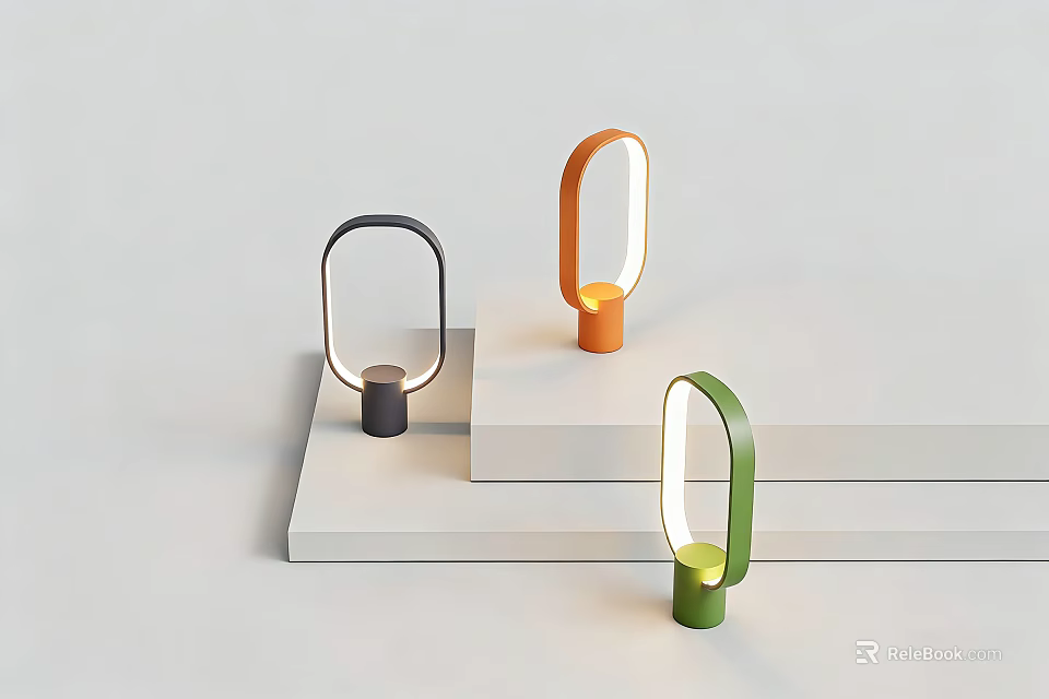 Modern Minimalist Table Lamps In Black Orange Green With Circular Design On White Platforms 3d model 