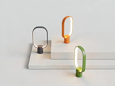 Modern Minimalist Table Lamps In Black Orange Green With Circular Design On White Platforms 3d model