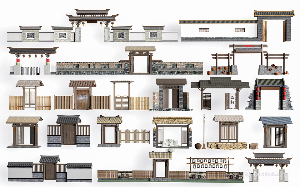 Various Styles of Traditional Chinese Gates Featuring Ancient Architectural Elements Wooden Frames and Tile Roofs 3d model 