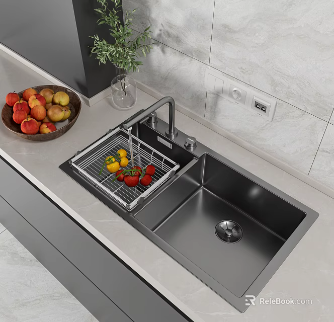 Stainless Steel Double Bowl Kitchen Sink With Drying Rack And Colorful Vegetables On Modern Countertop 3d model 