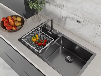 Stainless Steel Double Bowl Kitchen Sink With Drying Rack And Colorful Vegetables On Modern Countertop 3d model