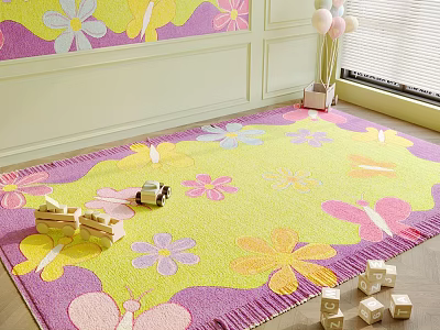 Square Rug With Floral Butterfly Patterns Vibrant Yellow Pink Purple Colors For Kids Room 3d model