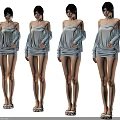 Women In Light Blue Off Shoulder Dresses With Black And White Sandals In Various Poses