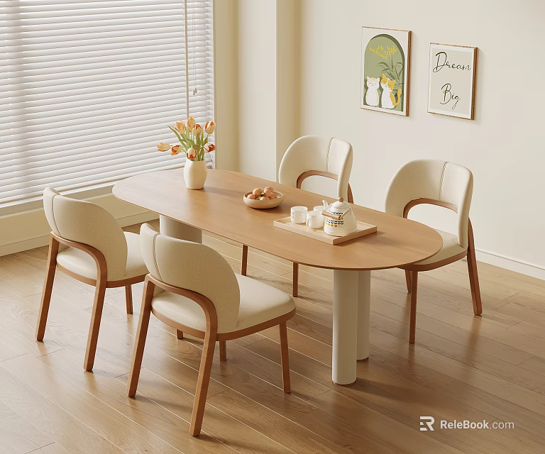 Cozy Dining Table With Beige Cushioned Wooden Chairs Fruit Bowl Vase Flowers And Decorative Paintings 3d model 