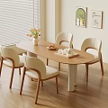 Cozy Dining Table With Beige Cushioned Wooden Chairs Fruit Bowl Vase Flowers And Decorative Paintings