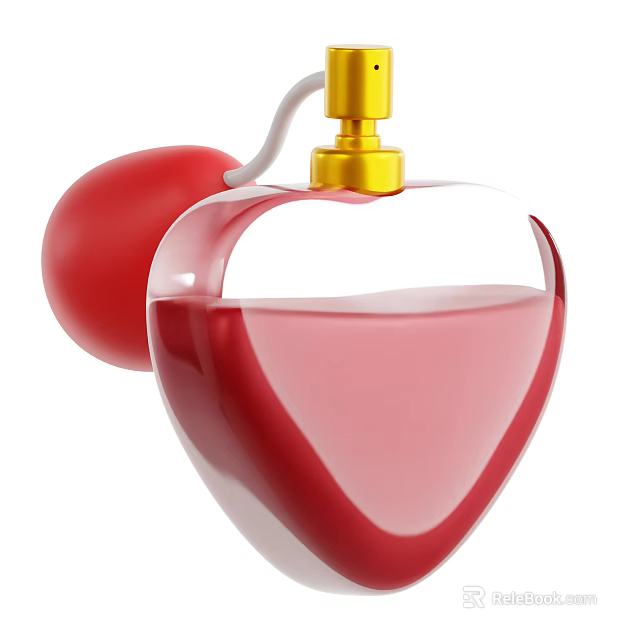 Heart Shaped Perfume Bottle With Gold Cap Red Spherical Decoration And Pink Liquid 3d model 