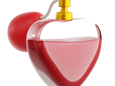 Heart Shaped Perfume Bottle With Gold Cap Red Spherical Decoration And Pink Liquid 3d model