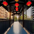 Red Lanterns With Golden Tassels Hanging Under Traditional Wooden Building Eaves