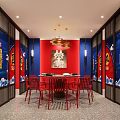 Private Dining Room With Deep Blue Walls Peking Opera Mural And Dining Table 3d model