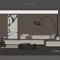 Modern Living Room With Beige Sofa Black Coffee Table Curved Floor Lamp Marble Accent Wall