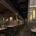 Traditional Chinese Hot Pot Restaurant Interior With Wooden Structure And Lanterns