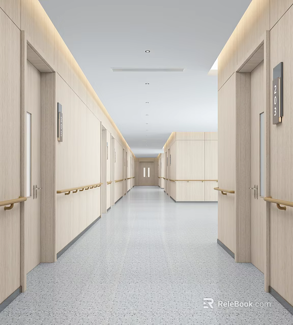 Spacious Modern Office Hallway Interior With Light Wood Walls Doors Handrails And Ceiling Light Strips 3d model 