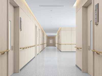 Spacious Modern Office Hallway Interior With Light Wood Walls Doors Handrails And Ceiling Light Strips 3d model
