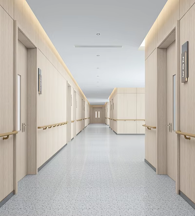 Spacious Modern Office Hallway Interior With Light Wood Walls Doors Handrails And Ceiling Light Strips 3d model