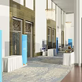 Spacious Lobby Interior With Long Corridor Chandeliers White Tables Blue Decorations And Patterned Carpet 3d model