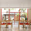 Modern Restaurant Interior With Red Counter Wooden Tables Hanging Lights And Menu Board