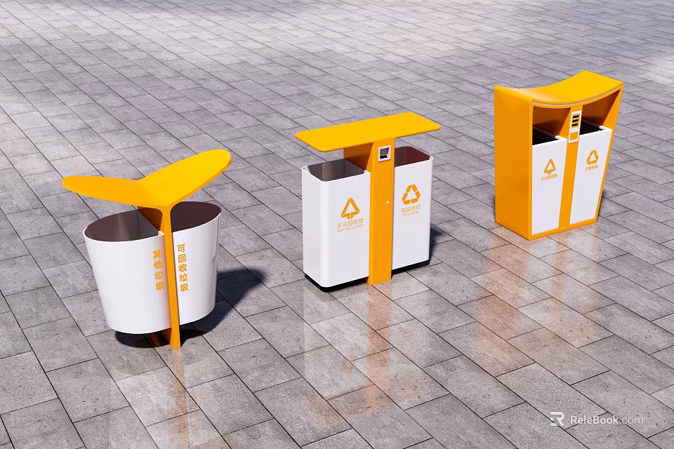 Outdoor Orange And White Classification Trash Bins With Lid Design 3d model 