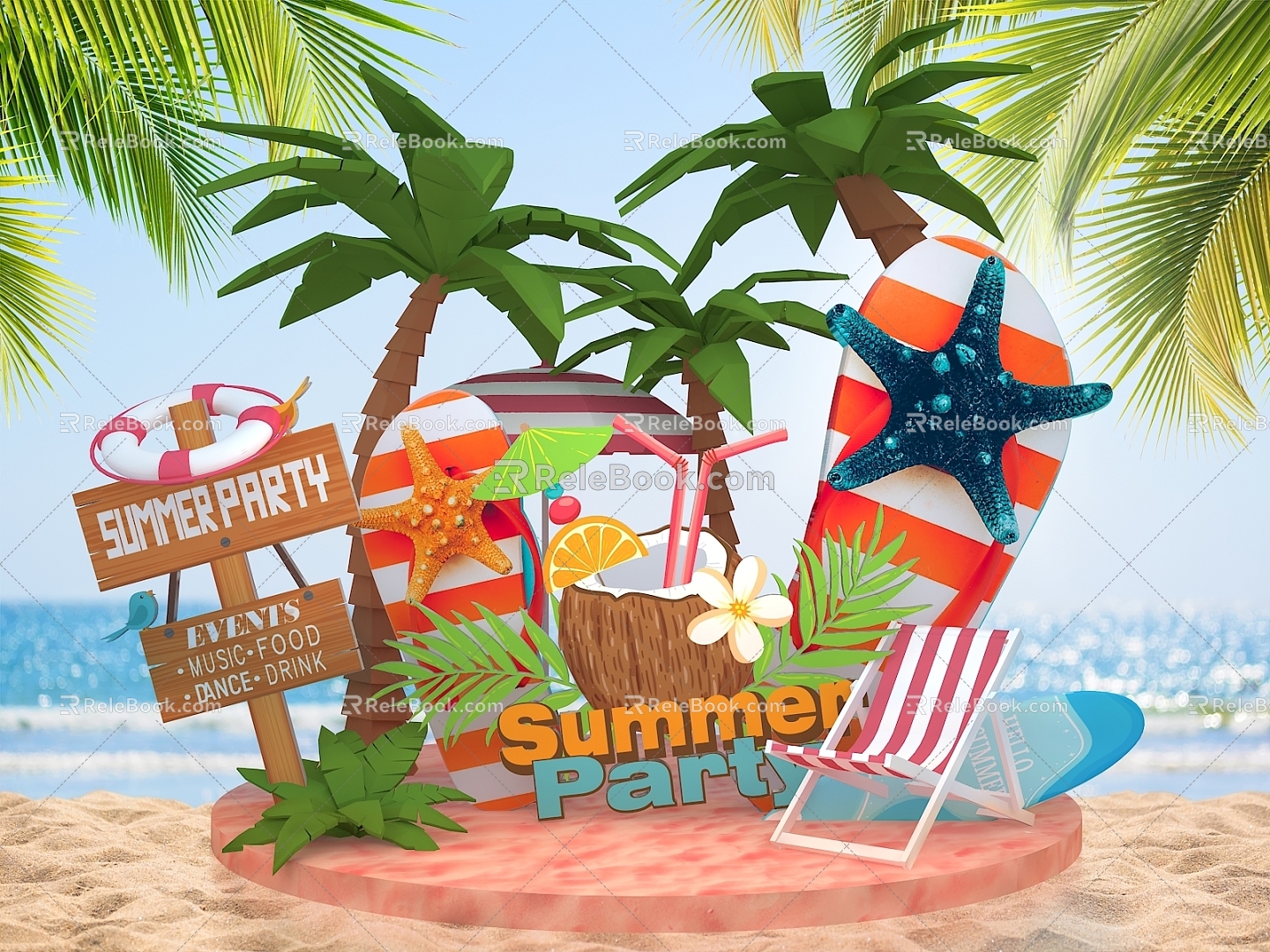 Summer theme beach style coconut tree beach slippers road sign starfish beauty Chen photo clock 3d model