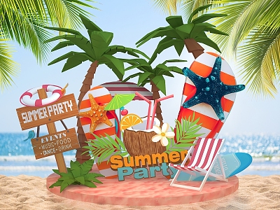 Summer theme beach style coconut tree beach slippers road sign starfish beauty Chen photo clock 3d model