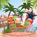 Summer theme beach style coconut tree beach slippers road sign starfish beauty Chen photo clock 3d model