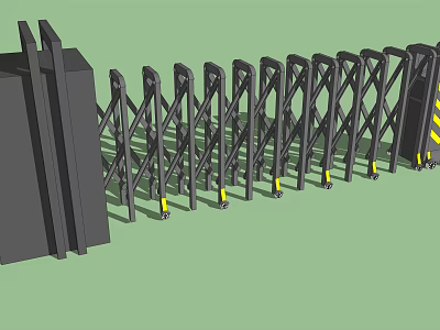 Black Electric Retractable Security Gate With Yellow Warning Strips And Support Posts 3d model