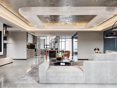 Modern Open Dining and Living Room Interior With Grey Sofa Marble Coffee Table And Chandelier 3d model