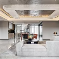 Modern Open Dining and Living Room Interior With Grey Sofa Marble Coffee Table And Chandelier