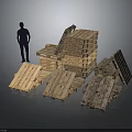Wooden Pallets Stacked And Scattered With Silhouette Figure Standing Next To