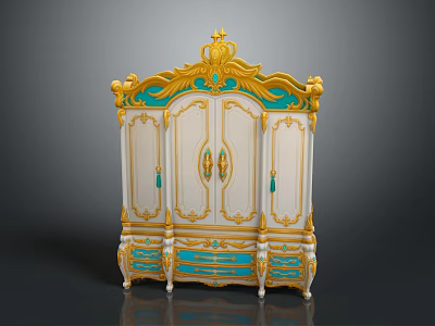 Elegant Ornate Classic Wardrobe With White Gold Turquoise Accents And Intricate Carvings 3d model