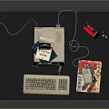 Vintage Computer Workstation With Tower Alarm Clock Stacked Books Keyboard Mouse On Desk