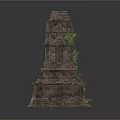 Ancient Multi Tiered Stone Tower With Carved Details And Small Plant