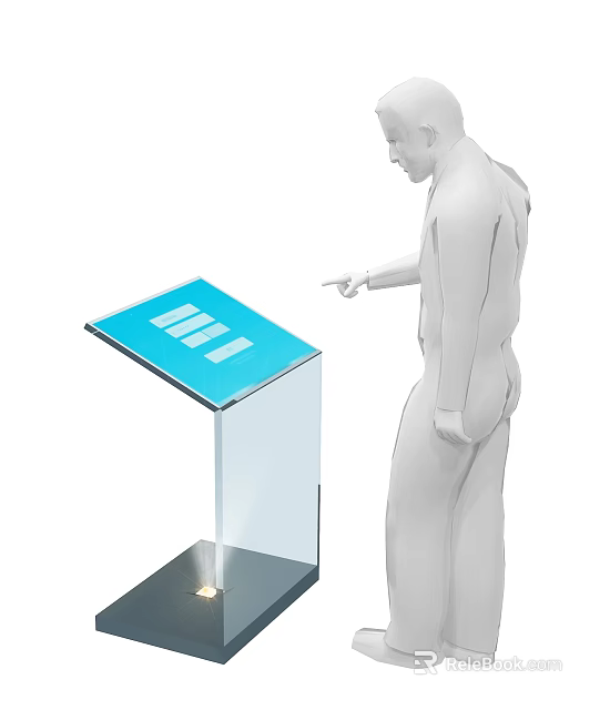 Interactive Blue Touchscreen Computer Display User Pointing At Interface Panel On Transparent Stand White Digital Buttons 3d model