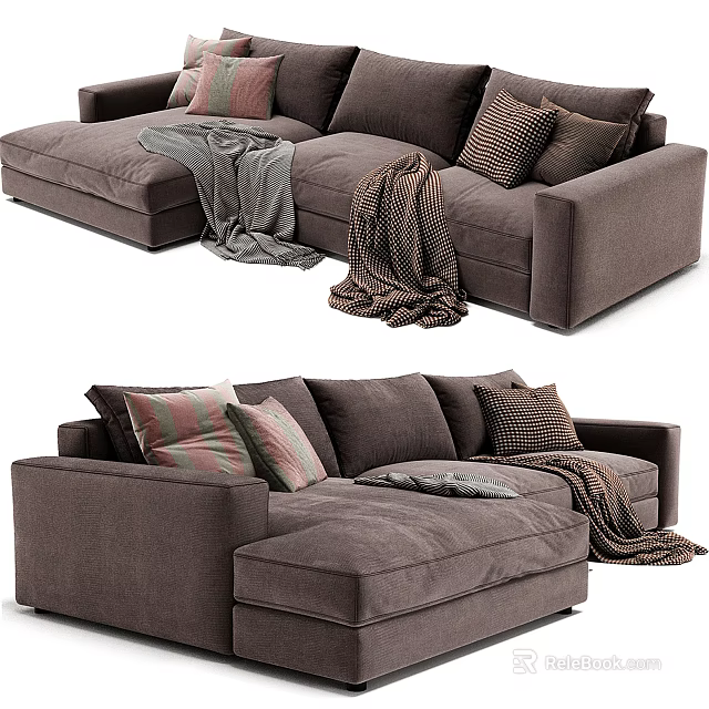 Comfortable Brown Sectional Sofa with Patterned Cushions and Soft Throw Blankets Modern Style 3d model