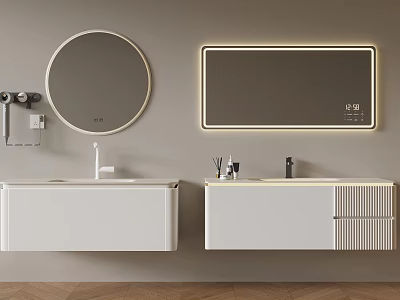 Modern White Wall Mounted Bathroom Cabinets With Round And Backlit Rectangular Mirrors Sink And Faucet 3d model