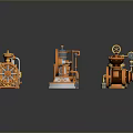 3D Rendered Vintage Industrial Mechanical Equipment Models with Gears Valves Pipes Orange Blue Metal Texture