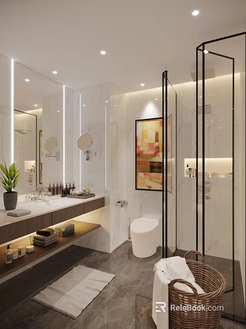 Modern Luxury Bright Bathroom With Long Vanity Marble Walls Smart Toilet And Glass Shower Enclosure 3d model 