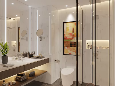 Modern Luxury Bright Bathroom With Long Vanity Marble Walls Smart Toilet And Glass Shower Enclosure 3d model