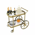 Vintage Brass Bar Cart Featuring Champagne Bottles Wine Glasses Metal Trays And Fresh Oranges