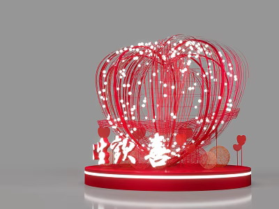 Red Heart Shaped Decorative Installation With White Lights And Chinese Wedding Elements 3d model
