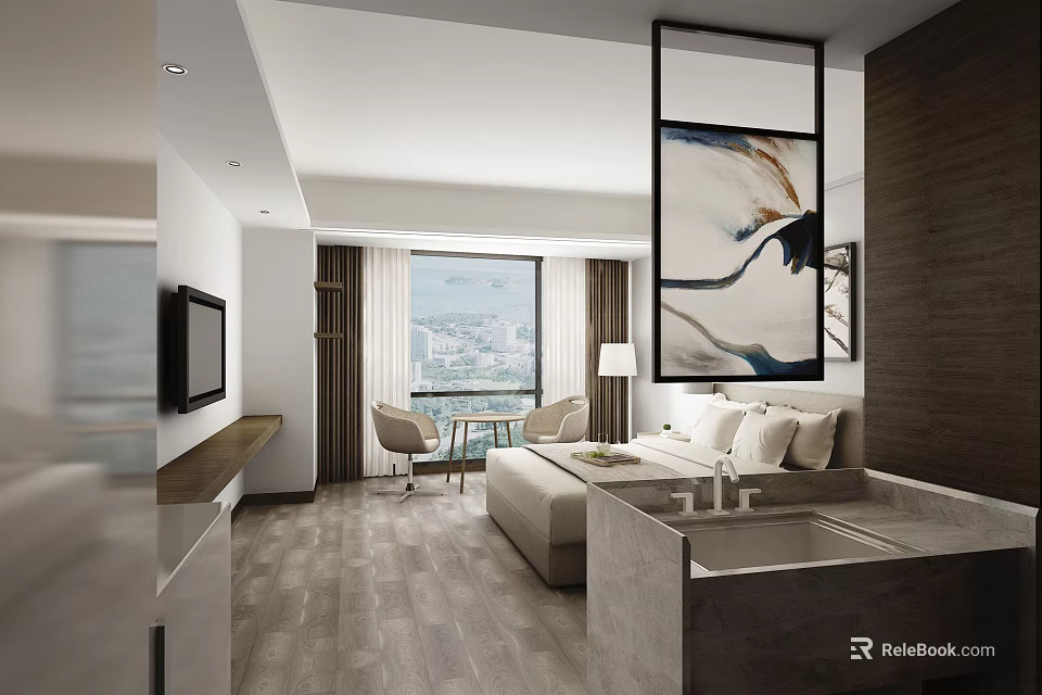 Modern Hotel Guest Room With Floor to Ceiling Window City View Decorative Painting And Sofa 3d model 
