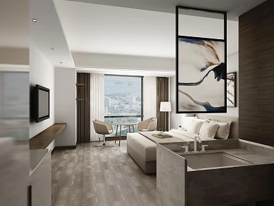 Modern Hotel Guest Room With Floor to Ceiling Window City View Decorative Painting And Sofa 3d model