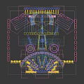 Elegant Curved Stage Design With Yellow Lights Red Curtains And Circular Decorations