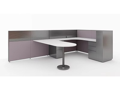 Modern Office Cubicle Interior Design With Gray Purple Cabinets White Curved Desk And Metal Base 3d model