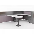 Modern Office Cubicle Interior Design With Gray Purple Cabinets White Curved Desk And Metal Base