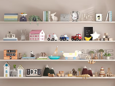 Decorative Ornament Set with Wooden Animals House Models Car Toys Plants and Clocks on Shelves 3d model