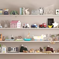 Decorative Ornament Set with Wooden Animals House Models Car Toys Plants and Clocks on Shelves