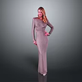 Child In Silver Long Dress Standing Against Gray Background With Hand On Hip